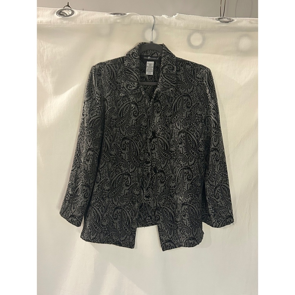 Sag Harbor Petite Women Black Silver Paisley Jacquard Button Front Jacket Size 8